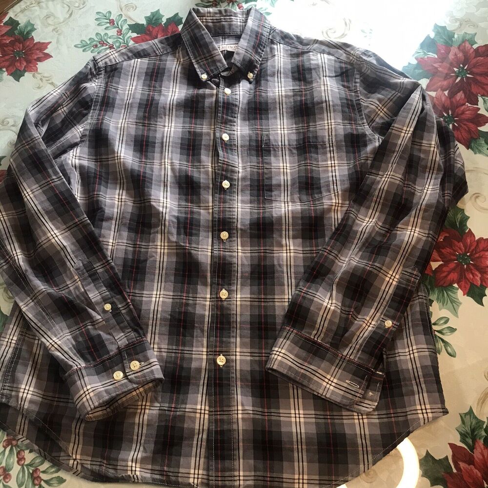 Merona Shirt Gray & Red Plaid No Iron Long Sleeve Shirt‎ Large 100% Cotton